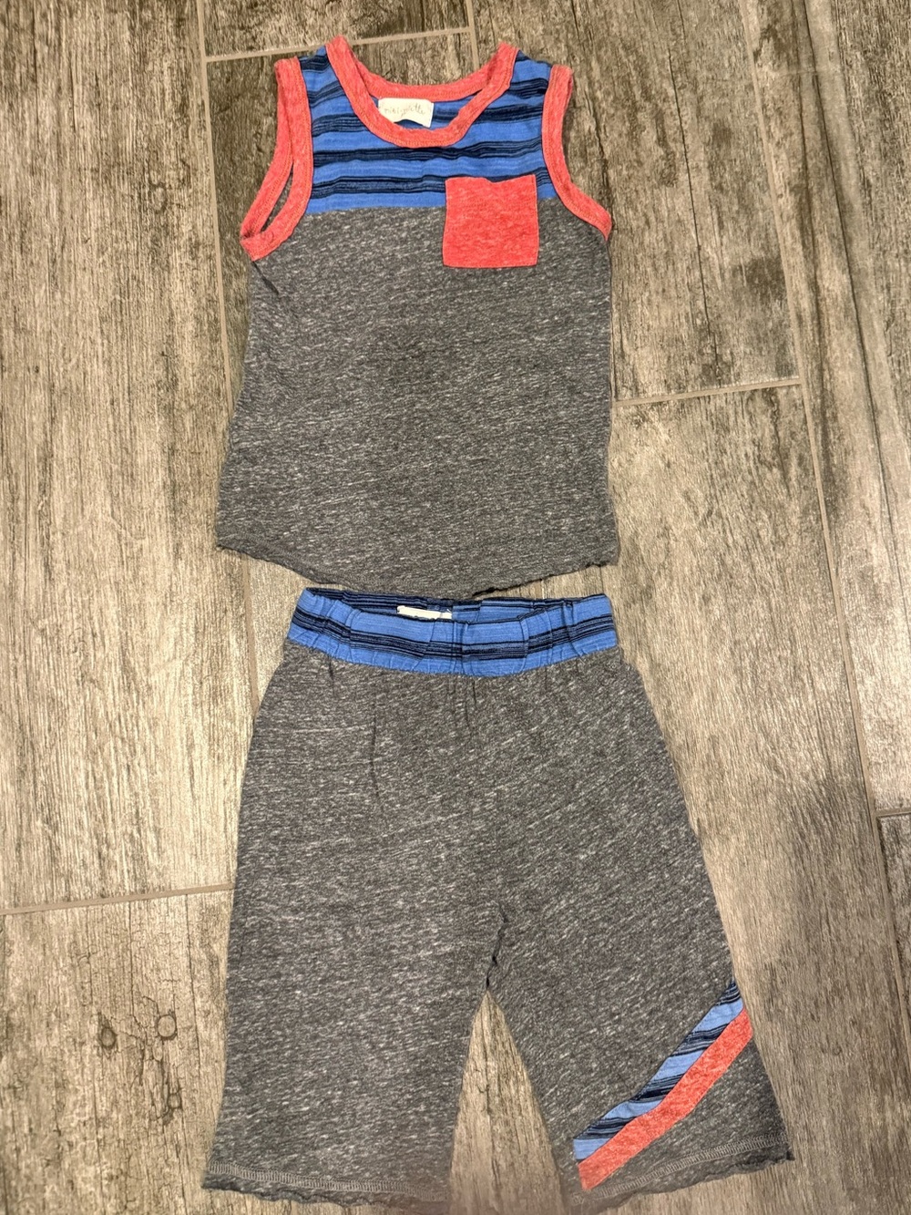 Miki Miette Toddler Grey Tank & Shorts Set with Blue Stripes and Red Trim - 3T